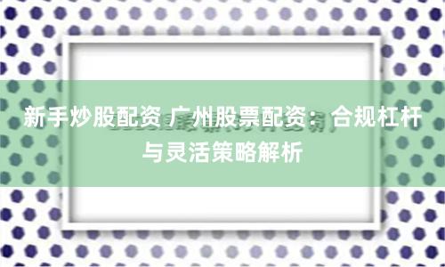 新手炒股配资 广州股票配资：合规杠杆与灵活策略解析